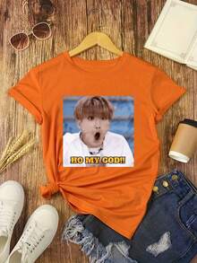 Oh My God Face Digital Print Short Sleeve Unisex Pure Cotton Loose And Comfortable - Orange - View 7