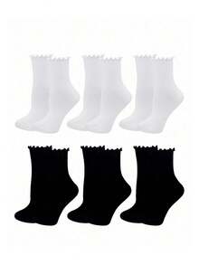 1/3/5 pares de calcetines de tobillo con volantes lindos para mujer, color negro y blanco, mezcla de poliéster y spandex, lavables a máquina - Multicolor - Ver 1