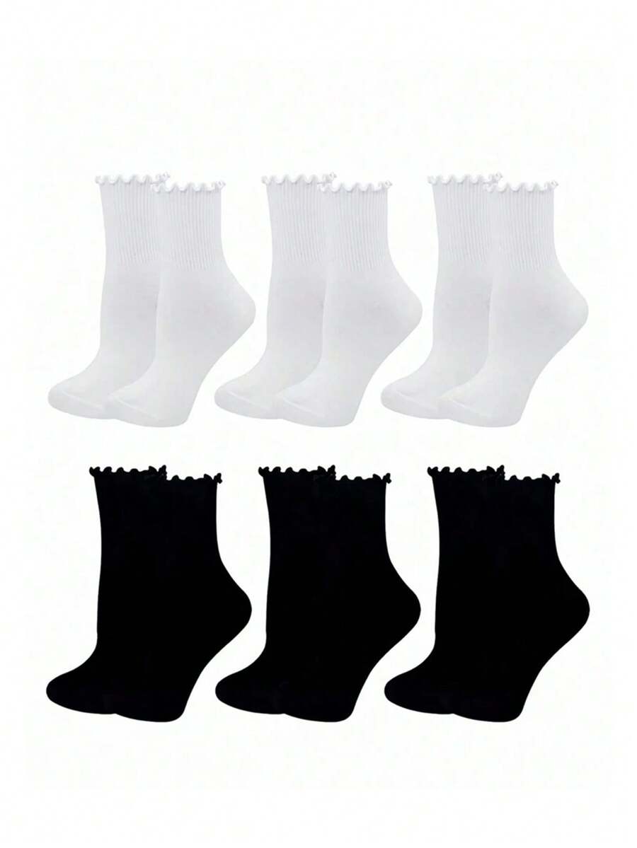 1/3/5 pares de calcetines de tobillo con volantes lindos para mujer, color negro y blanco, mezcla de poliéster y spandex, lavables a máquina - Multicolor - Ver 1