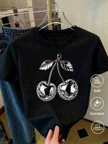 180g Made In Mexico, Spring/Summer 2026 Fashion Short Sleeve T-Shirt, Cartoon Print, Couple Style, Underwear/Outerwear, Casual Round Neck For Office, Unisex One Piece Top - 黑色 - 查看 6