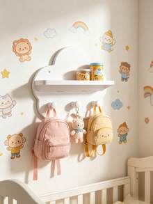 Cute Cloud Shaped Wooden Floating Wall Shelf With 3 Hooks, Nursery Wall Storage Organizer Rack For Baby Bibs Hats Toys Decor - Multicolor - View 2