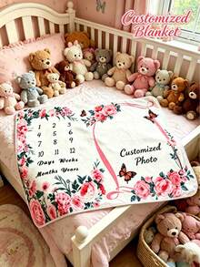 Personalized Baby Milestone Flannel Blanket, Custom Photo Floral Print. Soft Anti-Pilling, Nursery Use, Perfect Photo Prop & Newborn Gift - Multicolor - View 1