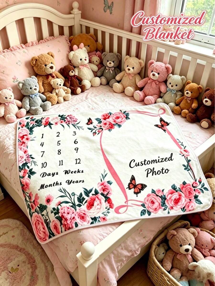 Personalized Baby Milestone Flannel Blanket, Custom Photo Floral Print. Soft Anti-Pilling, Nursery Use, Perfect Photo Prop & Newborn Gift - Multicolor - View 1