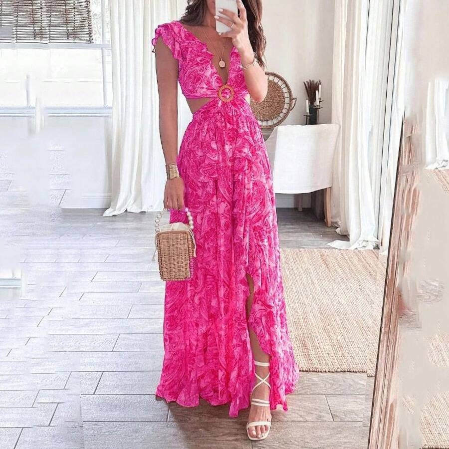 Vestido de primavera para mujer con estampado, cuello en V, volantes y abertura lateral. - Rosa - Ver 1