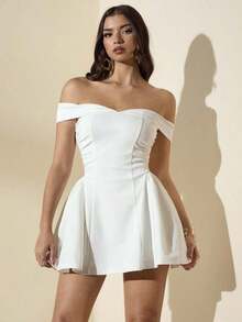 Vestido elegante de mujer de hombros descubiertos, blanco sólido con volantes en línea A, adecuado para volver a la escuela, cumpleaños, fiesta, verano - Púrpura malva - Ver 10