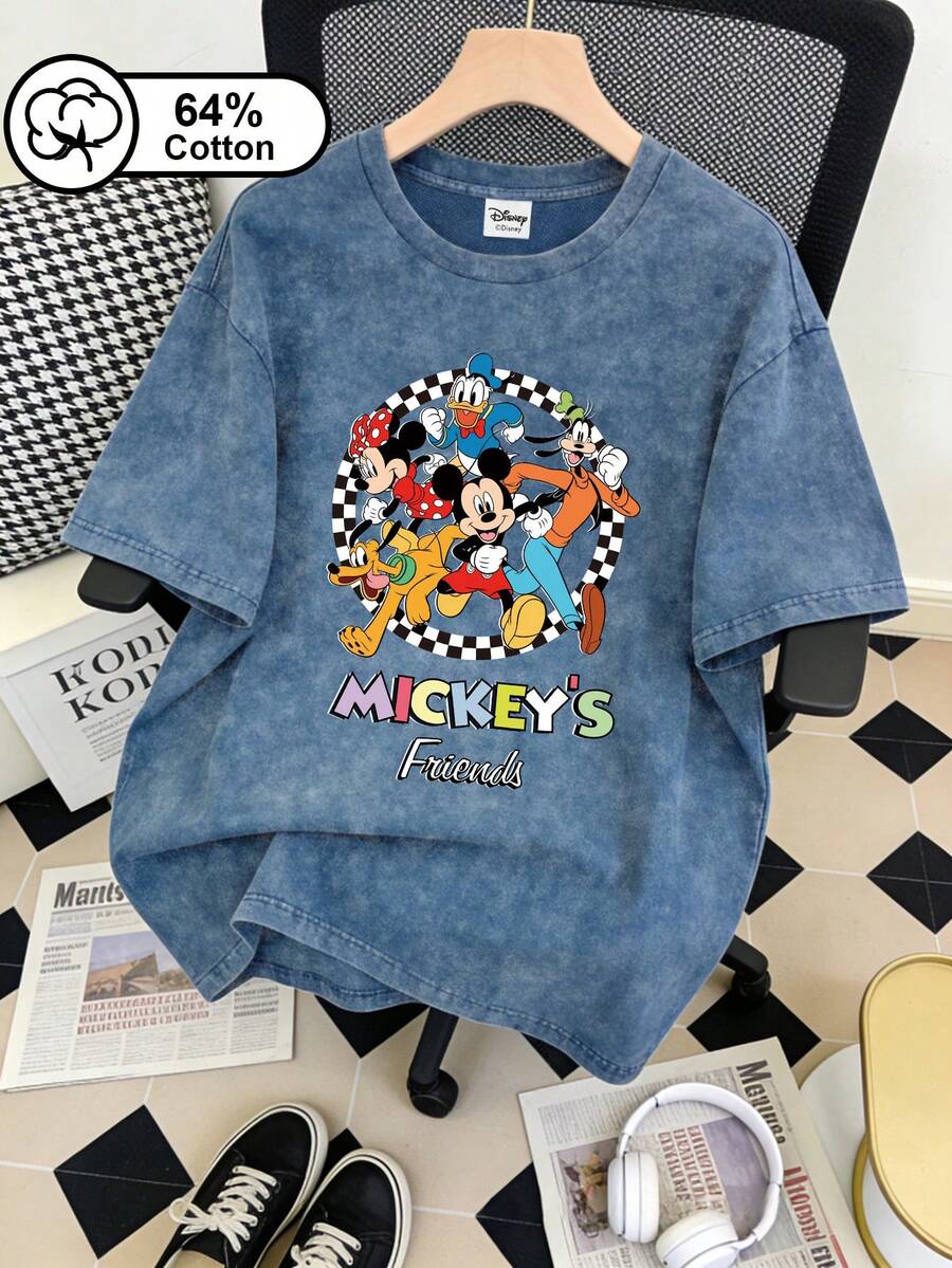 Disney 大尺碼女款 T 恤,米奇、高飛與普魯圖印花,復古水洗短袖 T 恤,女款夏季上衣 - 藍色 - 查看 1