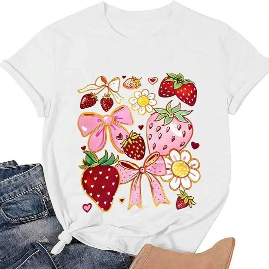 Camisa de fresa para mujer, camiseta gráfica de frutas, manga corta, camiseta floral de fresas de verano - Blanco - Ver 1