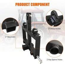 Enganche de remolque de 3 puntos para tractor - Receptor 2" resistente - Acero al carbono - 2 orificios para lanza de heno y 2 ganchos - Compatible CAT 0 y CAT 1 - Accesorio agrícola profesional - A - Ver 3