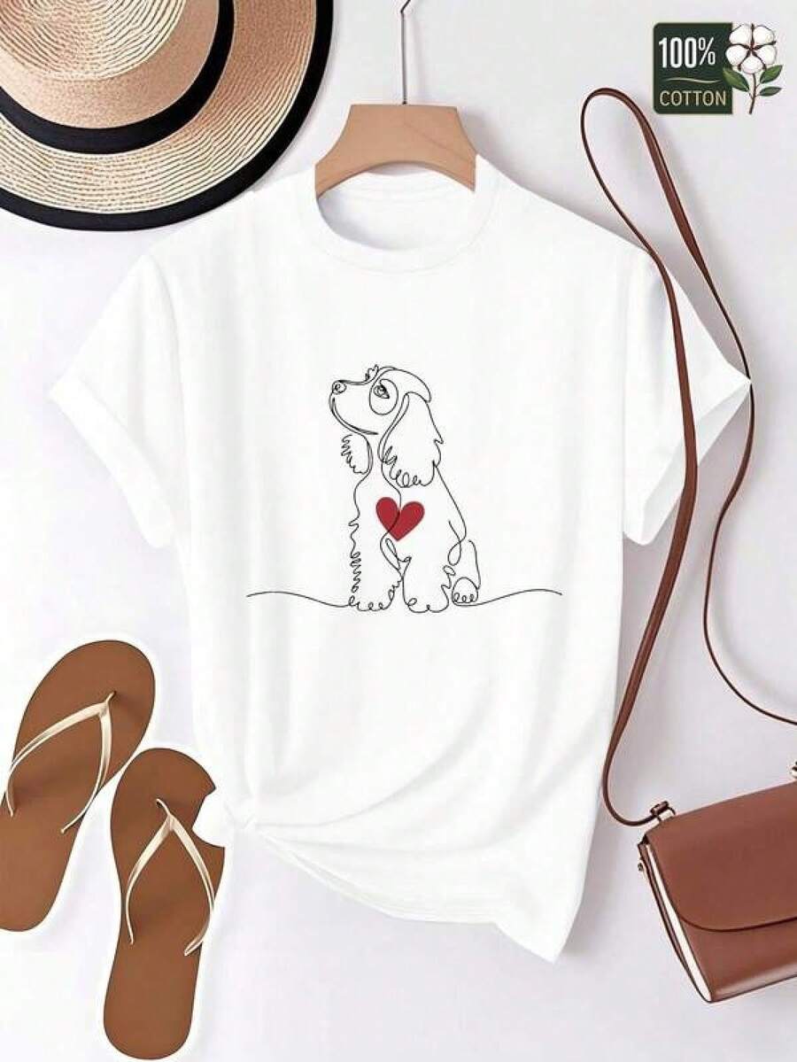 Women's T-Shirt With A Single-Stroke Heart-Shaped Cocker Spaniel Design, Comfortable Fit - Hitam - View 1