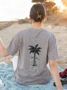 Women's Minimalist Coconut Tree Slogan Print Casual Round Neck Short Sleeve T-Shirt, Simple & Versatile, Suitable For Daily & Holiday Wear. Graphic Tee, Women, White, Black, Pink Summer Vacationsummer Outfits For Women 0SJU - 灰色 - 查看 1