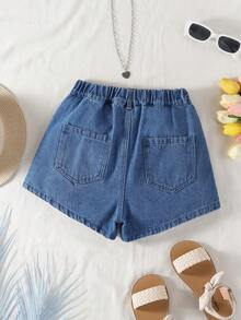 1 chiếc quần short denim màu xanh nhạt thời trang, giản dị, tối giản dành cho bé gái, kiểu dáng mới, thêu hình trái tim 3D dễ thương. - Rửa trung bình - Xem 2