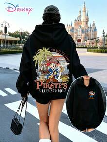 Disney Pirate Mickey Mouse Back‑Front Printed Hoodie With "A Pirate's Life For Me Yo Ho Yo Ho" Slogan. A Relaxed, Casual, And Versatile Top, Perfect For Holiday Gifting. (Women's Autumn/Winter Clothing/Elegant Women's Outfits/Patterned Hoodies/Printed Tops/Casual Outfits For Disney‑Park Daily Wear) - màu đen - Xem 1
