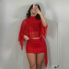 Elegant Women's Tulle Set • Flowing Sleeves + Shaping Short Skirt In Spandex • Party/Evening Look - Vibrant Red - View 3