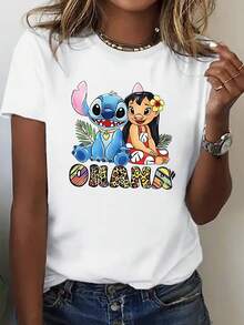 Disney Women's T-Shirt Featuring A Cartoon Print Of Stitch And Lilo, With Colorful "OHANA" Lettering Printed Below - White - View 1