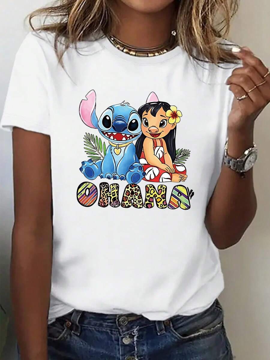 Disney Women's T-Shirt Featuring A Cartoon Print Of Stitch And Lilo, With Colorful "OHANA" Lettering Printed Below - White - View 1
