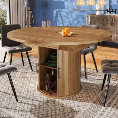 Extendable Dining Table, Dining Room Table, Kitchen Table, Balcony Table, Extendable Tabletop, Round Dining Table, Extendable To Oval, 118-158 Cm, Seats Up To 6 People, Walnut/Black