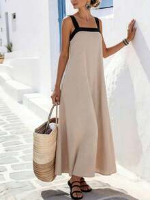 Holidaya Vestido largo de mujer de nuevo estilo de vacaciones con contraste de color, tirantes finos, espalda descubierta y lazo. Está hecho de tela fluida, con tirantes anchos de color contrastante, diseño frontal simple y diseño de lazo en la espalda descubierta, con una sensación suave y relajada adecuada para vacaciones y salidas casuales. Pertenece a la categoría versátil de vestidos largos de estilo de vacaciones con contraste de color, vestidos maxi con espalda descubierta y tirantes anchos, vestidos de vacaciones sin tirantes y vestidos sueltos con lazo. - Caqui - Ver 3