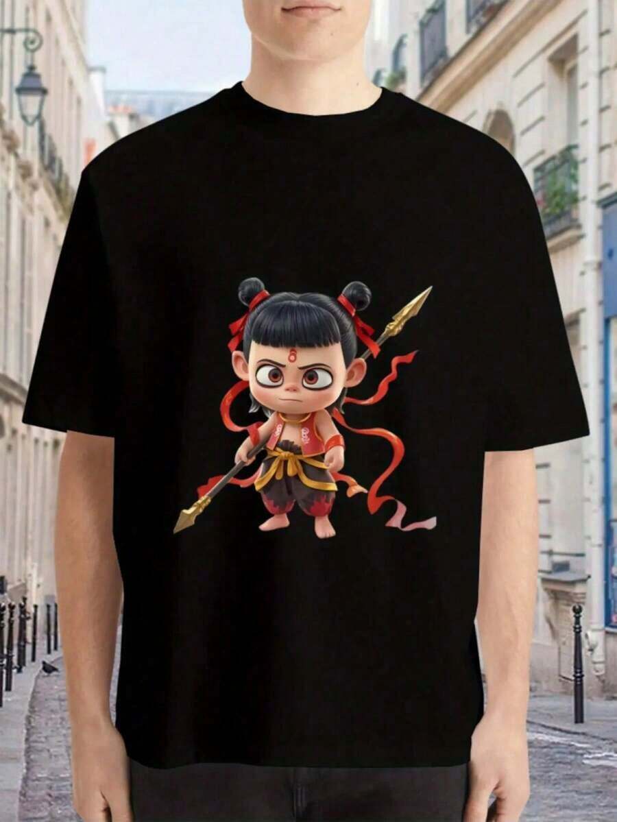 Short-Sleeved T-Shirt With Nezha Cartoon Pattern Print, Round Neck, Comfortable And Breathable Fabric, Casual Sporty Style, 100% Cotton Men's T-Shirt, Birthday Gift, Holiday Gift - 黑色 - 查看 1