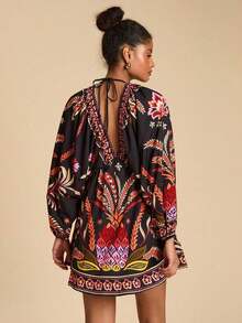 Vestido de gasa con cuello en V y manga larga con estampado floral para mujer, adecuado para vacaciones, estilo de vacaciones, estampado gráfico tejido, atuendos casuales de verano para vacaciones, atuendos de vacaciones en la playa bohemia, ropa bohemia chic, atuendos de festivales de vacaciones, atuendos de playa para mujer, atuendos de verano para mujer, atuendo de graduación, atuendos de cumpleaños para mujer, artículos esenciales de playa, atuendo de aeropuerto para mujer, vestido de té, vestido de cumpleaños, vestido de verano, verano europeo, ropa bohemia para mujer, vestido elegante para mujer - Multicolor 3 - Ver 2