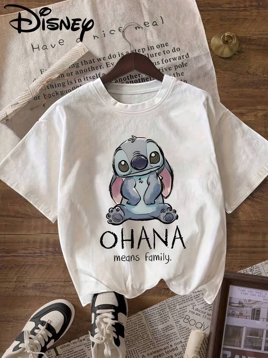 Disney "Lilo & Stitch" Patterned T-Shirt, Round Neck, Pullover, Women's Casual Sports Short-Sleeved Shirt - 白色 - 查看 1