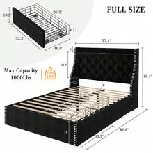 Platform Bed Frame With 4 Storage Drawers – Button Tufted Upholstered Wingback Headboard – Built-In Charging Station – Strong Wooden Slat Support – No Box Spring Needed – Easy Assembly - Black - View 8