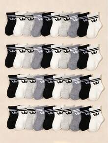 10 Pairs Kids Random Solid Color Short Socks With Classic Stripes And Leaf Patterns, Available In Black/White/Grey Neutral Colors. Breathable Children's Socks For Daily Wear And Playtime, Versatile Multi-Color Style Suitable For All Seasons, Practical Birthday Gift For Active Kids. - Multicolor - View 1