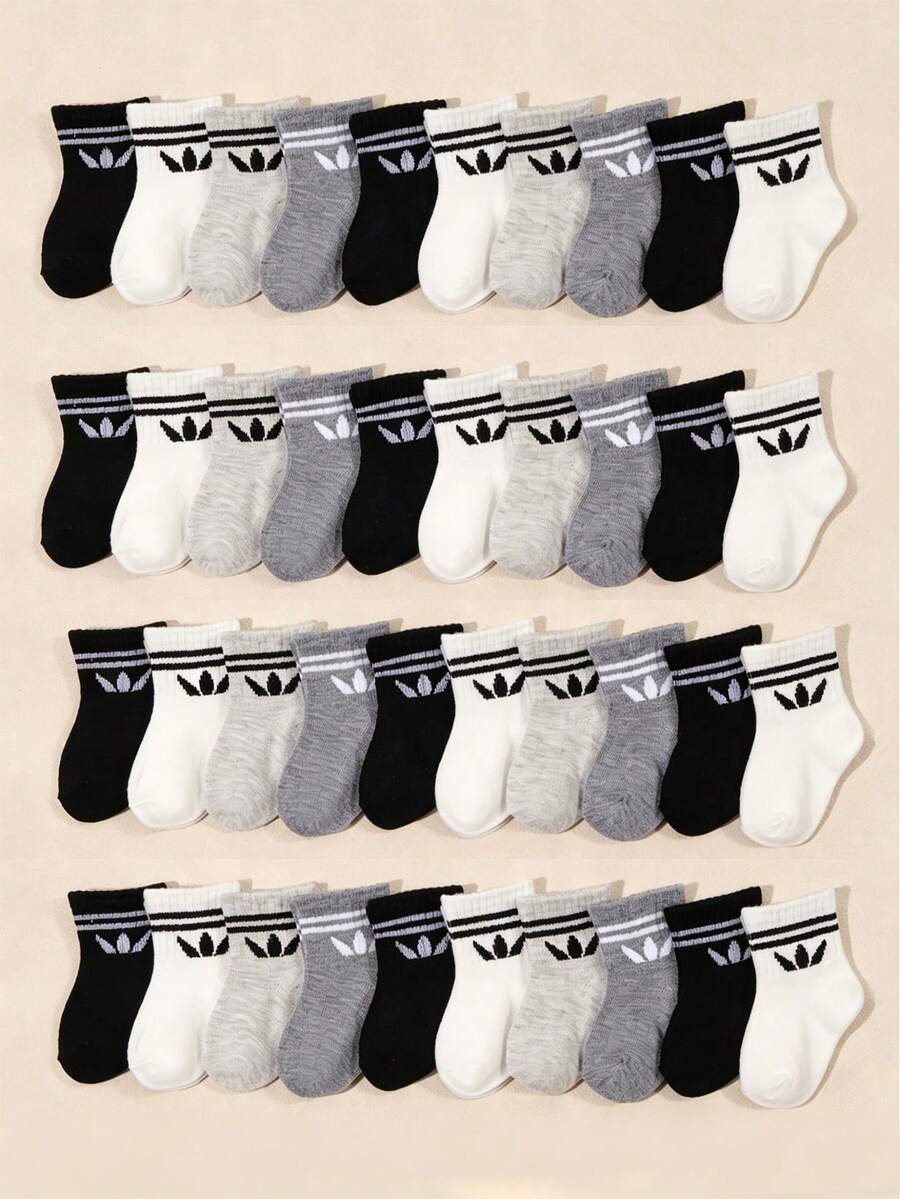 10 Pairs Kids Random Solid Color Short Socks With Classic Stripes And Leaf Patterns, Available In Black/White/Grey Neutral Colors. Breathable Children's Socks For Daily Wear And Playtime, Versatile Multi-Color Style Suitable For All Seasons, Practical Birthday Gift For Active Kids. - Multicolor - View 1