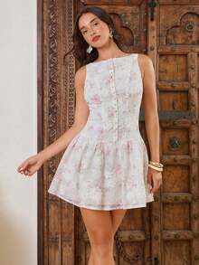 Vestido mini elegante de mujer sin mangas con estampado de flores y bordado - Rosa - Ver 7