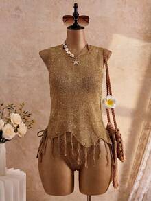 Áo dệt kim dáng rộng, không tay, cổ tròn, đính sequin, viền tua rua, thanh lịch dành cho nữ. - Vàng - Xem 2