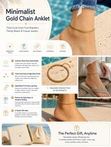 1pc Women's Minimalist Style Gold Cuban Chain Anklet, Adjustable Summer Beach Bracelet, Can Be Layered For Daily Wear - Yellow Gold - View 7