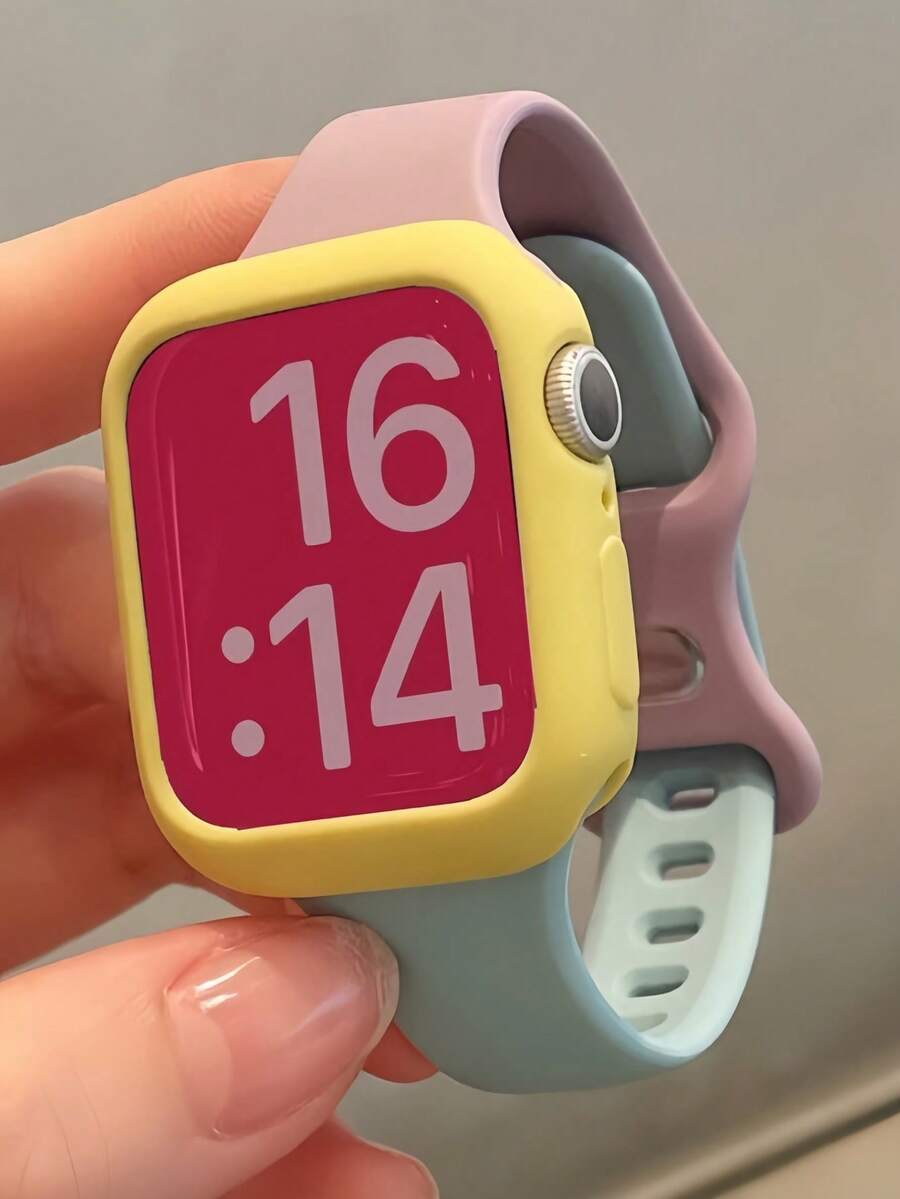 2条Y2K撞色拼接糖果色运动表带+软壳,兼容 46mm 42mm 49mm 45mm 44mm 41mm 40mm 38mm,兼容 Series 11 10 9 8 7 6 5 4 SE 3 2 1,夏季可爱男女通用表带礼品 - 藍色 - 查看 1