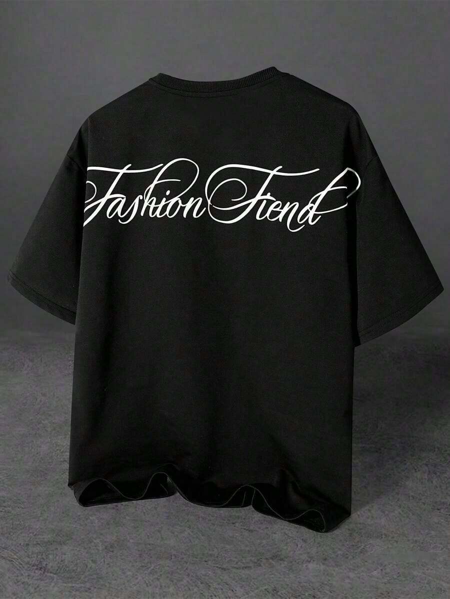 Camiseta de hombre con estilo callejero popular con gráfico bordado "Freedom", adecuada para festivales de música al aire libre, salidas casuales, regalos para novio/esposo, regalos de aniversario, camiseta negra de cuello redondo para hombres, camiseta de hombre con estampado grande, camiseta holgada de hombre - Negro - Ver 1