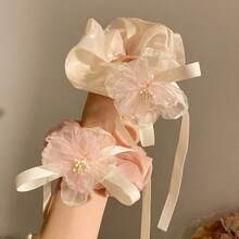 1pc Vintage French Style Soft Pink Floral Ribbon Scrunchie, Shiny Satin Floral Hair Tie, Artistic Floral Hair Accessory, Suitable For Beach Outfit, Fabric Large Scrunchie - Multicolor - View 6