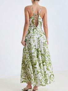 xheAveloria Frievida Vestido deslizante de gasa de estilo vintage con base blanca y estampado aleatorio verde, de bambú y aspecto de lino, con elaborada artesanía, diseño de falda acampanada, bajo romántico, técnica de impresión refinada, estilo bohemio natural, adecuado para vacaciones de verano, playa, fiesta, picnic, salida casualxhe - Multicolor - Ver 2