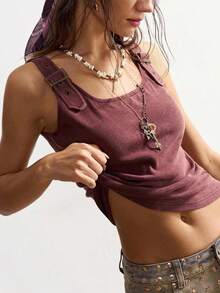 Prenda exterior bohemia de invierno/primavera, top ajustado de punto de unicolor morado lavado con detalles de hebilla de metal para mujer en estilo vintage y casual, apropiado para conciertos con estilo country occidental, adecuado para vacaciones en la playa, uso diario, vuelta al colegio, salidas y fiestas, Navidad, Año Nuevo, 2000s Y2K, vacaciones de verano - Morado - Ver 5