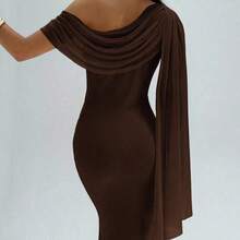 . .  Vestido asimétrico de hombro de unicolor elegante para mujer - Café integral - Ver 9