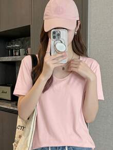 Y6Y韓式風格粉色圓領短袖T恤女款夏季寬鬆版型慵懶百搭純色上衣 - 粉色 - 查看 6