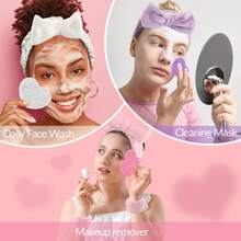Diadema de SPA con 30 esponjas faciales de compresión con forma de corazón - Conjunto de diadema y almohadillas faciales de cuidado de la piel para damas - Diadema de maquillaje de terciopelo suave y esponjoso para limpieza facial, masaje y desmaquillado - Multicolor - Ver 7
