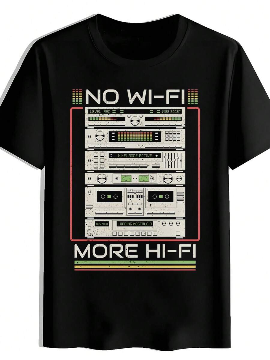 Herr T-shirt med 80-tals 90-tals musikvintage-grafik, med Ghettoblaster & Kassett CD MP3-spelare, sloganen "INGEN MER HI-FI", svart avslappnad sommar-T-shirt med rund hals för DJ:s, musikälskare, nostalgisk present, herrkläder, herrkläder, bomulls-T-shirt, herr-T-shirts, sommaroutfits för män, herr sommarkläder, band-T-shirts, herr-T-shirts, semesteroutfits för kvinnor, blygsamma sommaroutfits, jerseytoppar, damkläder i resortstil, sommarkläder för kvinnor, bomullstoppar, sommartoppar, sommaroutfits, toppar för kvinnor, vita toppar, festtopp. - Svart - Visa 1