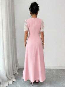 Vestido de manga corta con cuello cuadrado, decoración de lazo 3D y parches de malla - Celeste - Ver 7