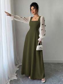 Vestido de mujer con parches tejidos, decoración de lazo y cintura ceñida - Verde militar - Ver 4