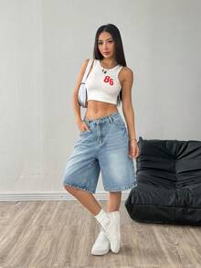 Short en jean bleu délavé et déchiré de style rétro américain pour femmes, short ample et polyvalent à jambes larges, pantalon d'été décontracté - Bleu clair - Voir 8