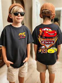 Disney Black Background Cars Lightning McQueen And Friends Flame Print Front And Back Design Kids' Short Sleeve T-Shirt - Playful And Cool Racing Style Top - Black - View 1