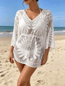 V-Neck Crochet Lace Cover Up, Sheer Mesh Fringe Tie Waist Beach Cover Up White Summer - White - View 1