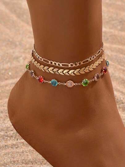 3pcs/Set Fashion Multi-Layer Gold Anklet, Charming Women Beach Party Sparkling Colorful Crystal Anklet, Suitable For Daily Gathering, Beach Vacation, Handmade Adjustable Length, Random Color Arrangement Of Colorful Glass Crystal