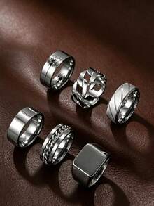 6pcs Fashionable Stainless Steel Silver Rings Set For Men, Including Spider, Cube, Twist Chain Elements, Suitable For Daily Wear And Holiday Accessories - Silver - View 1
