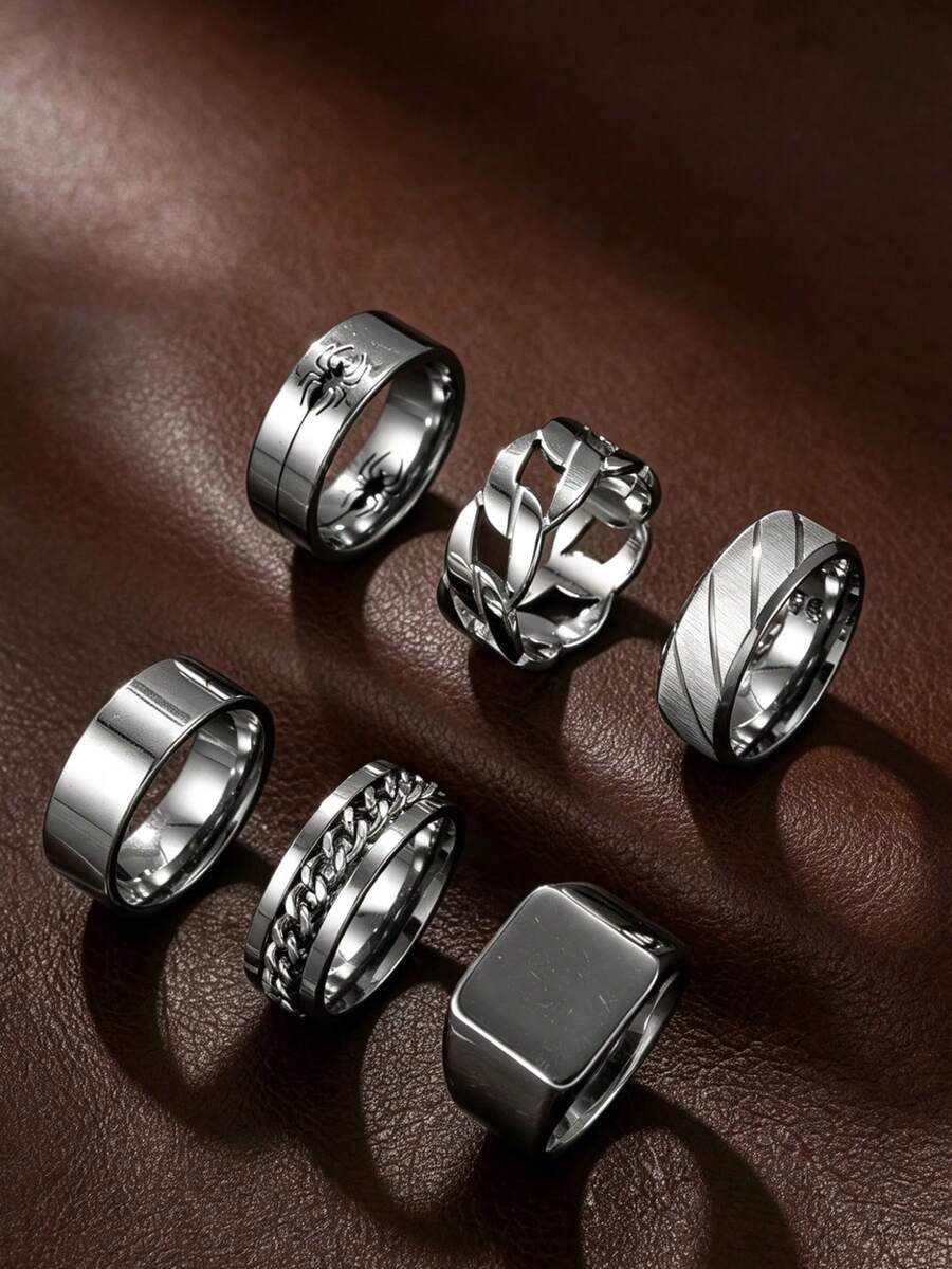 6pcs Fashionable Stainless Steel Silver Rings Set For Men, Including Spider, Cube, Twist Chain Elements, Suitable For Daily Wear And Holiday Accessories - Silver - View 1