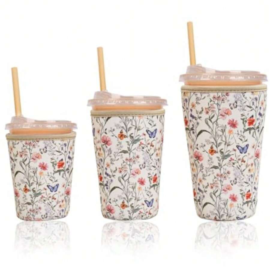 Reable Insulated Sve For Iced Coffee Cup, 3-Pa Coffee Prene Drink Sve For Cold And Hot Drin, Beverage Holder For Iced Coffee Fs - Floral Butterflies - View 1