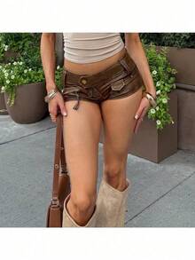 Women's Distressed Leather Mini Shorts With Wide Waistband & Utility Zipper Detailing - Retro Moto Style Featuring A Vintage Wash And Contrast Metal Hardware For Urban Edge - Brown - View 2