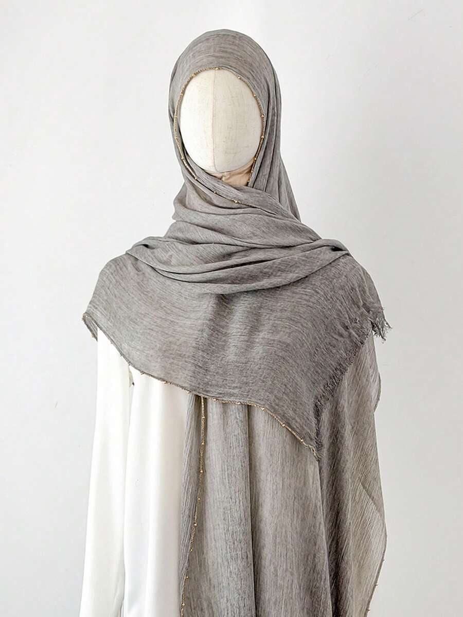 1pc Metal Chain Edge Short Tassel Scarf, Soft Lightweight Daily Shawl Scarf Headscarf, For Party, Travel, Office, Wedding Gift - Multicolor - View 1